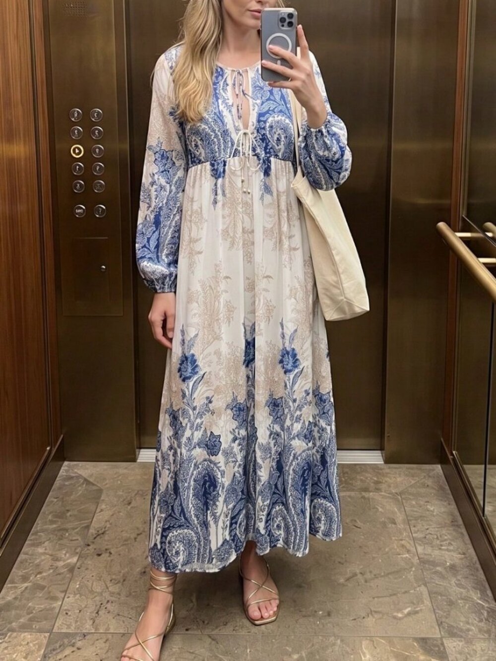 Blue Boho Women's Floral Lantern Sleeve Tie V-Neck A-Line Maxi Dress - Picture 3 of 5